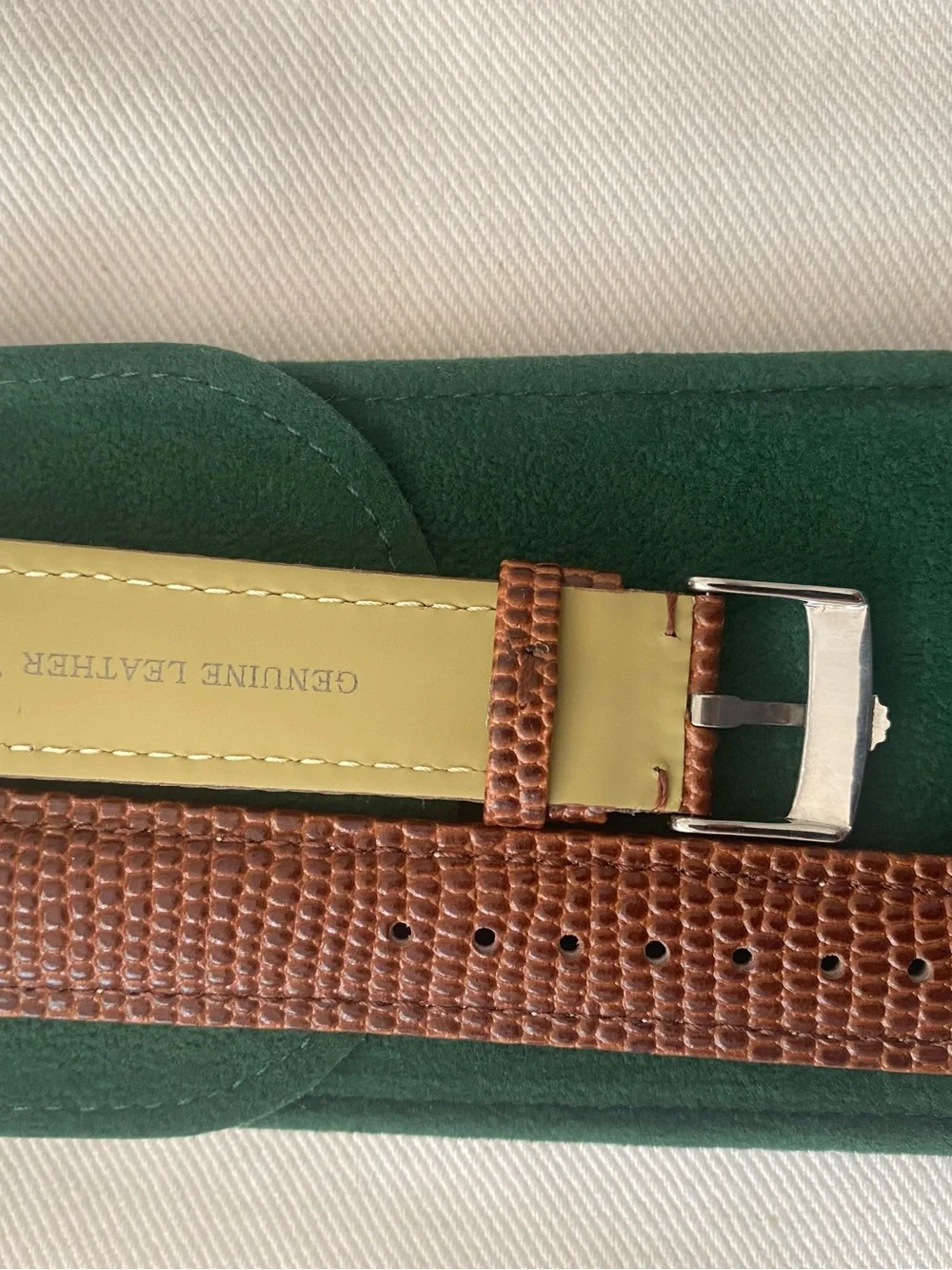 Vintage Brown Lizard-Pattern Leather Watch Strap with Silver Plated Rolex Buckle